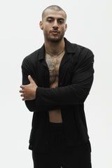Linen Jersey Coastal Long Sleeve Button Up - Black