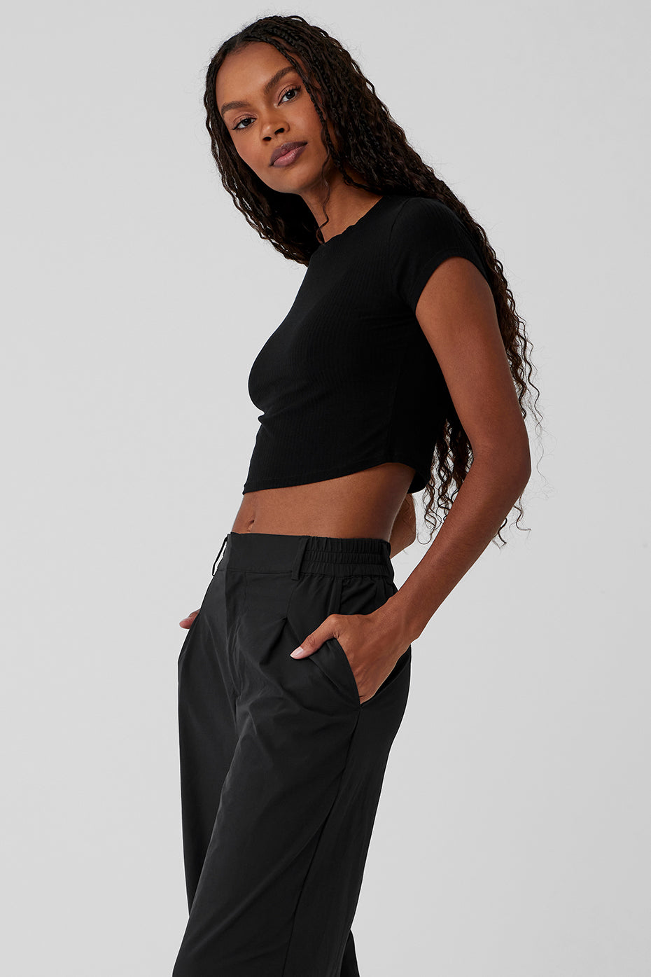 Ribbed Sea Coast Cropped Short Sleeve Tee - Black